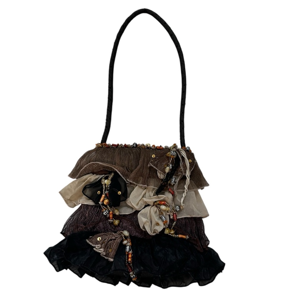 Mary Frances Boho tiered Ruffle designer brown black beige Handbag Beaded‎ VTG